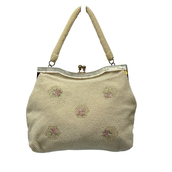 Vintage White Beaded Seed Pearl Pink Floral Purse Kiss Lock &‎ Lucite Trim Top - Picture 2 of 13